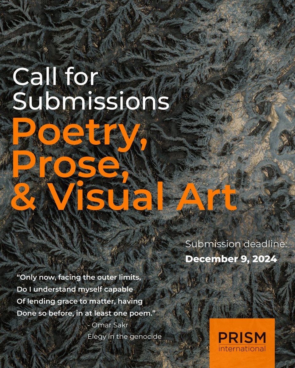 PRISM international invites submissions for its upcoming [unthemed] 63.2 issue, edited by Sierra Louie and Ayda Niknami.

Learn more &amp; submit: prisminternational.submittable.com/submit

#poetry #prose #canlit #nonfiction #fiction #magazine  #submissions #visualart