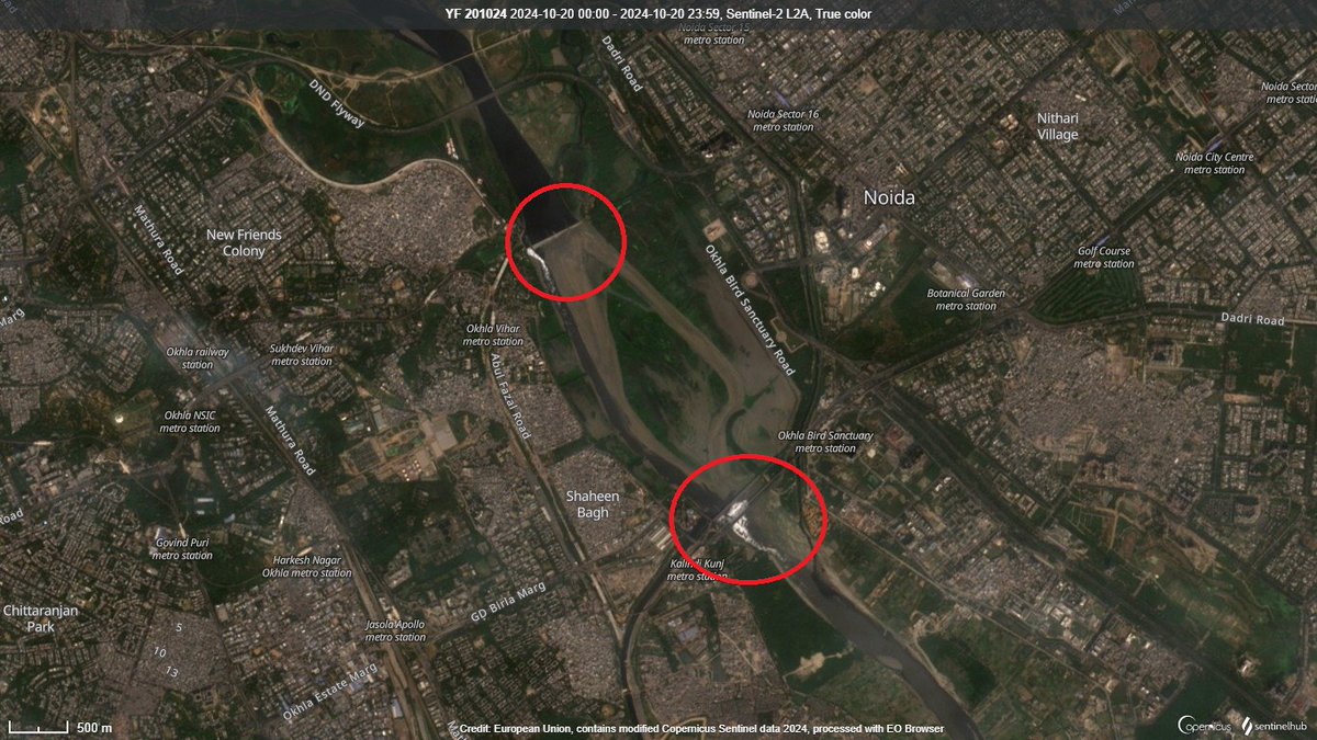 Sir <a href="/official_dda/">Delhi Development Authority</a> <a href="/LtGovDelhi/">LG Delhi</a> <a href="/RajNiwasDelhi/">Raj Niwas Delhi 🇮🇳</a> What is this additional structure d/s DND adding into Yamuna frothing as seen 20.10.2024 sattelite imagery. Also see increasing cross sectional structures fracturing floodplain &amp; disrupting biophysical functioning of river ecosystem.