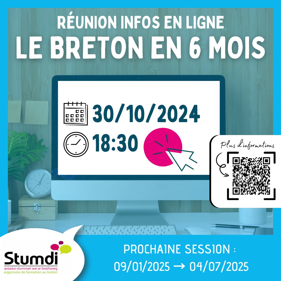 💻RÉUNION D'INFORMATIONS EN LIGNE
LE BRETON EN 6 MOIS | POUR DEBUTANT·E·S
Prochaine session : janvier → Juillet 2025

📅30/10/ 2024
⏰ 18h30
📌En ligne
✍ Inscriptions ici : stumdi.bzh/reunion-dinfor…

#stumdi #formation #bretagne #breton #languebretonne #formationprofessionnelle
