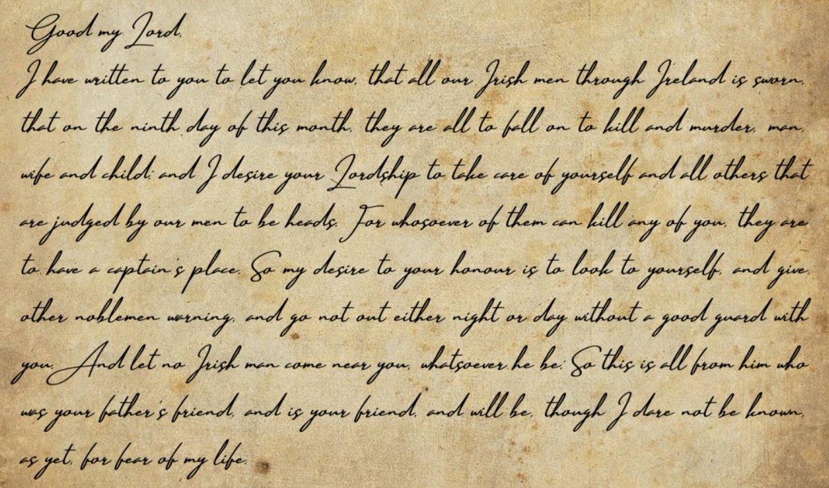 #OnThisDay 9 Dec 1688, the date appointed for Irish Catholics '..to fall on to kill and murder, man, wife and child', according to the 'Comber Letter'. The discovered communication set forth a chain of events that led to the Siege of Derry...