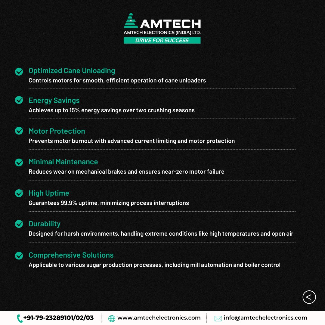 This powerful VFD system is specifically designed to enhance the efficiency and reliability of cane unloader operations in sugar plants. With its advanced features, Amtech's Axpert-Eazy+ offers significant energy savings, superior motor protection
#SugarPlantEfficiency #VFDSystem