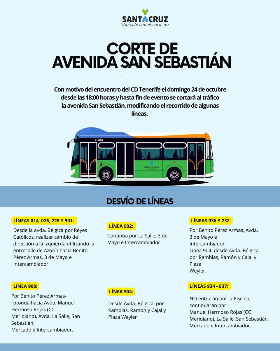 🚧⚽ Con motivo del encuentro del CD Tenerife, hoy 24 de octubre, desde las 18:00 horas y hasta el fin del evento, se cortará el tráfico en la avenida San Sebastián, y algunas líneas de transporte modificarán su recorrido.