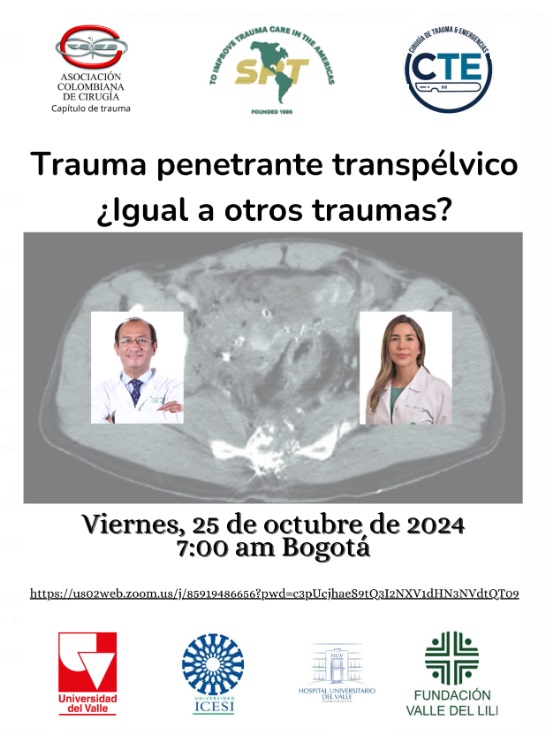 Panamtrauma's tweet photo. El grupo de Cirugía de Trauma y Emergencias CTE Cali los invita a participar de la actividad académica "Trauma penetrante transpélvico - ¿Igual a otros traumas?"
Para ingresar utilice el siguiente enlace https://t.co/FZ3kmXpBrC https://t.co/PjYnEmw6xF