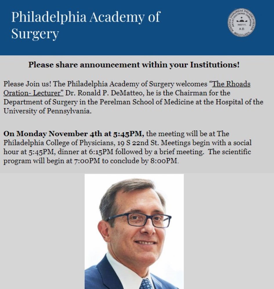 Jeffrey Farma (@jeffreyfarma) on Twitter photo <a href="/PhilAcadSurgery/">Phil Acad of Surgery</a> Sign up today for Nov 4th Rhoads Oration <a href="/DeMatteoRon/">Ron DeMatteo</a>
<a href="/SocSurgOnc/">Society of Surgical Oncology</a> <a href="/AmCollSurgeons/">American College of Surgeons</a>
philaacademyofsurgery.org <a href="/PhilAcadSurgery/">Phil Acad of Surgery</a> Sign up today for Nov 4th Rhoads Oration <a href="/DeMatteoRon/">Ron DeMatteo</a>
<a href="/SocSurgOnc/">Society of Surgical Oncology</a> <a href="/AmCollSurgeons/">American College of Surgeons</a>
philaacademyofsurgery.org