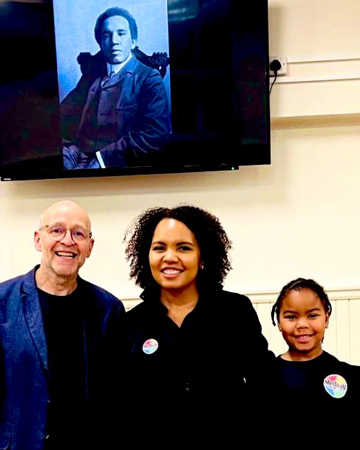 It was a pleasure to welcome back <a href="/MedwayCulture/">Medway Culture Club</a> to celebrate #BlackHistoryMonth. Organiser Camealia (centre) brought her daughter Gabrielle (right) and other young people to learn about our amazing former conductor #SamuelColeridgeTaylor (screen). Adrian (left) presented.