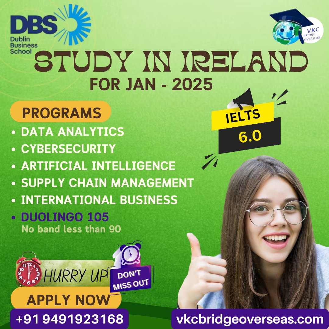 VkcBridge's tweet photo. Study at Dublin Business School – January 2025 Intake! 🇮🇪

Thinking about taking your career to the next level?

Duolingo: 105 (No band less than 90)

IELTS: 6.0

#StudyInIreland #DublinBusinessSchool #VKCBridgeOverseas https://t.co/uNX1JuwD9V