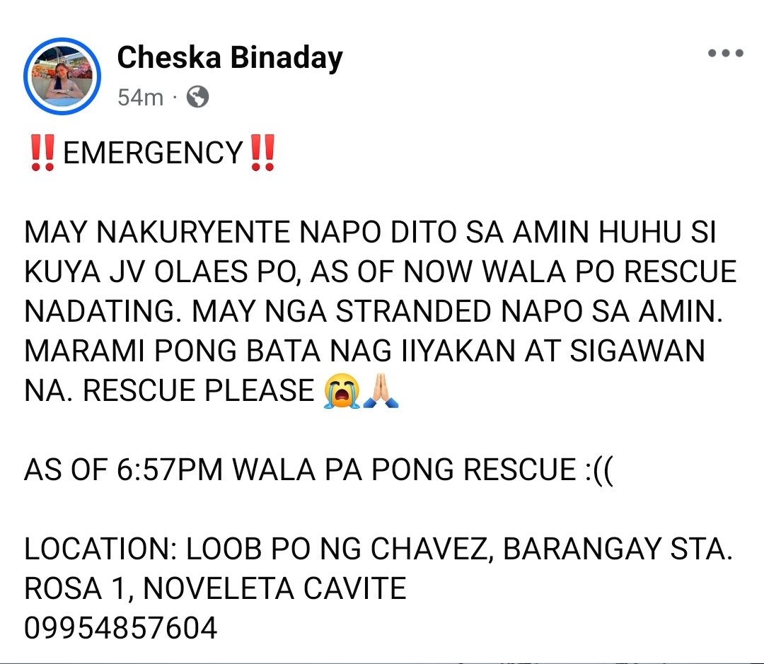 vesterflirtsz's tweet photo. URGENT NEED OF HELP ‼️

lagpas dibdib na raw po ang baha sa kanila and as of now, wala pa ring rescue na dumadating.

LOCATION: LOOB PO NG CHAVEZ, BARANGAY STA. ROSA 1, NOVELETA CAVITE
09954857604

#RescuePH #KristinePH https://t.co/vW6k8kASS4