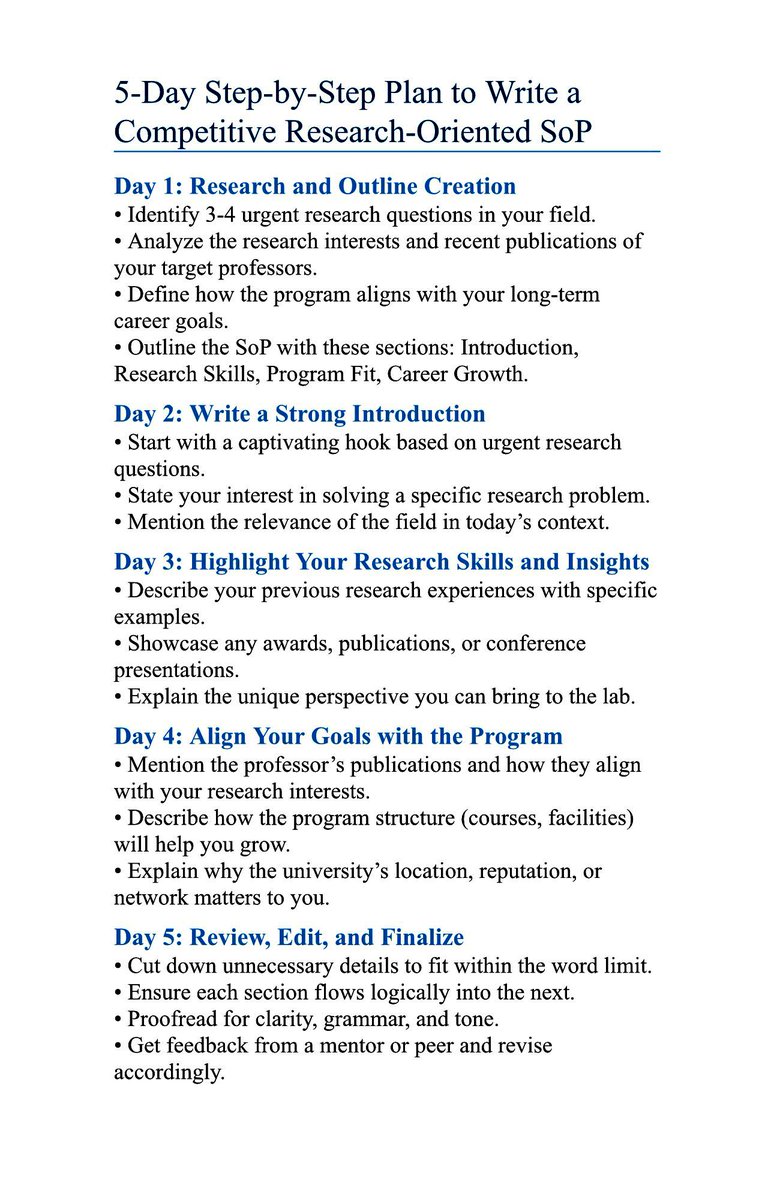 DissertationUS1's tweet image. Struggling to write a strong, winning Statement of Purpose (SoP)  for your PhD applications? 

Follow this 5-day plan to compile an award-winning SoP for your PhD. 

[DM or email me Krystalsmalls250@gmail.com  if you want to work with me]