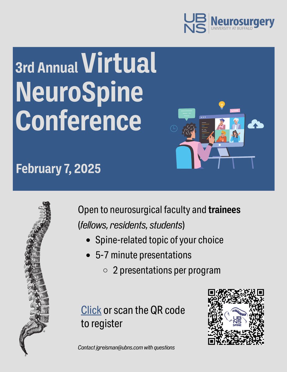 Jeffrey Mullin, MD, MBA, FCNS (@jeffreymullinmd) on Twitter photo Excited to follow in the footsteps of <a href="/AJGrossbach/">Andrew J. Grossbach, MD, FAANS</a> and <a href="/AliBaajMD/">Ali A. Baaj MD</a> by hosting this years Virtual NeuroSpine Conference on Feb 7, 2025. Please consider submitting your presentations soon!
<a href="/UB_Neurosurgery/">UB Neurosurgery (UBNS)</a> <a href="/ubnsspine/">UBNS Spine</a> <a href="/virtualspine/">Virtual Global Spine Conference</a> Excited to follow in the footsteps of <a href="/AJGrossbach/">Andrew J. Grossbach, MD, FAANS</a> and <a href="/AliBaajMD/">Ali A. Baaj MD</a> by hosting this years Virtual NeuroSpine Conference on Feb 7, 2025. Please consider submitting your presentations soon!
<a href="/UB_Neurosurgery/">UB Neurosurgery (UBNS)</a> <a href="/ubnsspine/">UBNS Spine</a> <a href="/virtualspine/">Virtual Global Spine Conference</a>