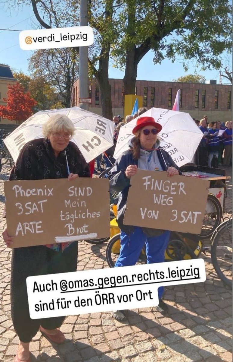 OmasGegRechtsLE's tweet photo. Aktuell sind wir mit beim Protest von @verdi_Leipzig vor der Kongresshalle am Zoo gegen die geplanten Kürzungen im Öffentlich-Rechtlichen TV. Botschaften an die sparfreudigen Ministerpräsidenten sind eindeutig. Wir sagen: Finger weg von 3SAT & co!
#le2410
Foto: Gisela Wehrl https://t.co/Vvg8WXsKp4