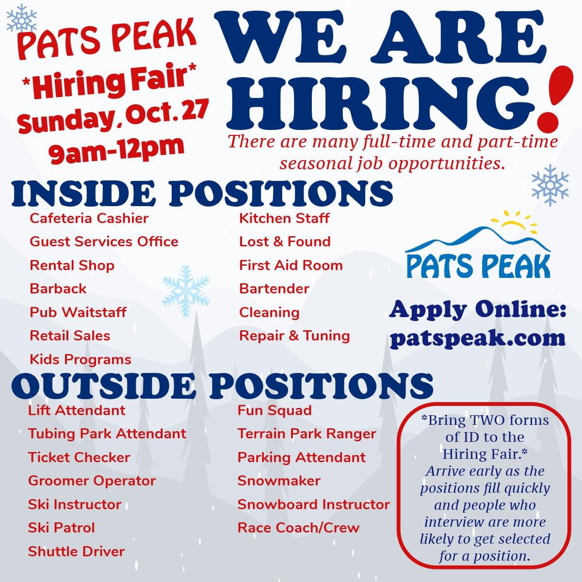 patspeak's tweet photo. WE ARE HIRING! There are many full-time and part-time seasonal job opportunities. Fill out our Online Employment Application at https://t.co/ycmfeaDdTO before attending the Hiring Fair on Sunday, October 27 from 9am-12pm. https://t.co/jCbjE7oOjO