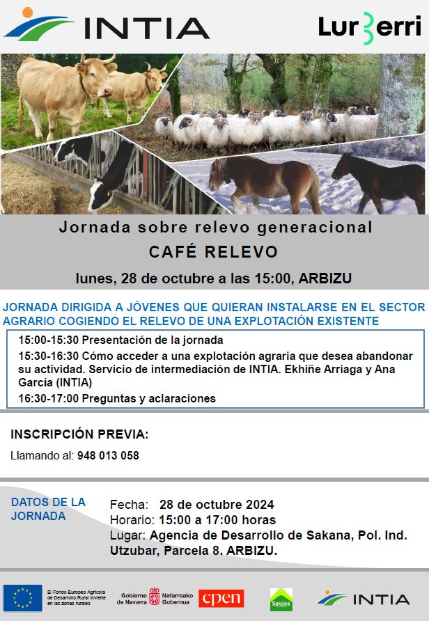 Jornadas de #INTIA para explicar su labor de intermediación en relevo generacional no familiar para personas del sector agrario próximas a la jubilación o abandono y jóvenes con interés en el relevo.

🗓️El 28/10 en Arbizu y el 4/11 en Aribe. 

👇Consulta los programas