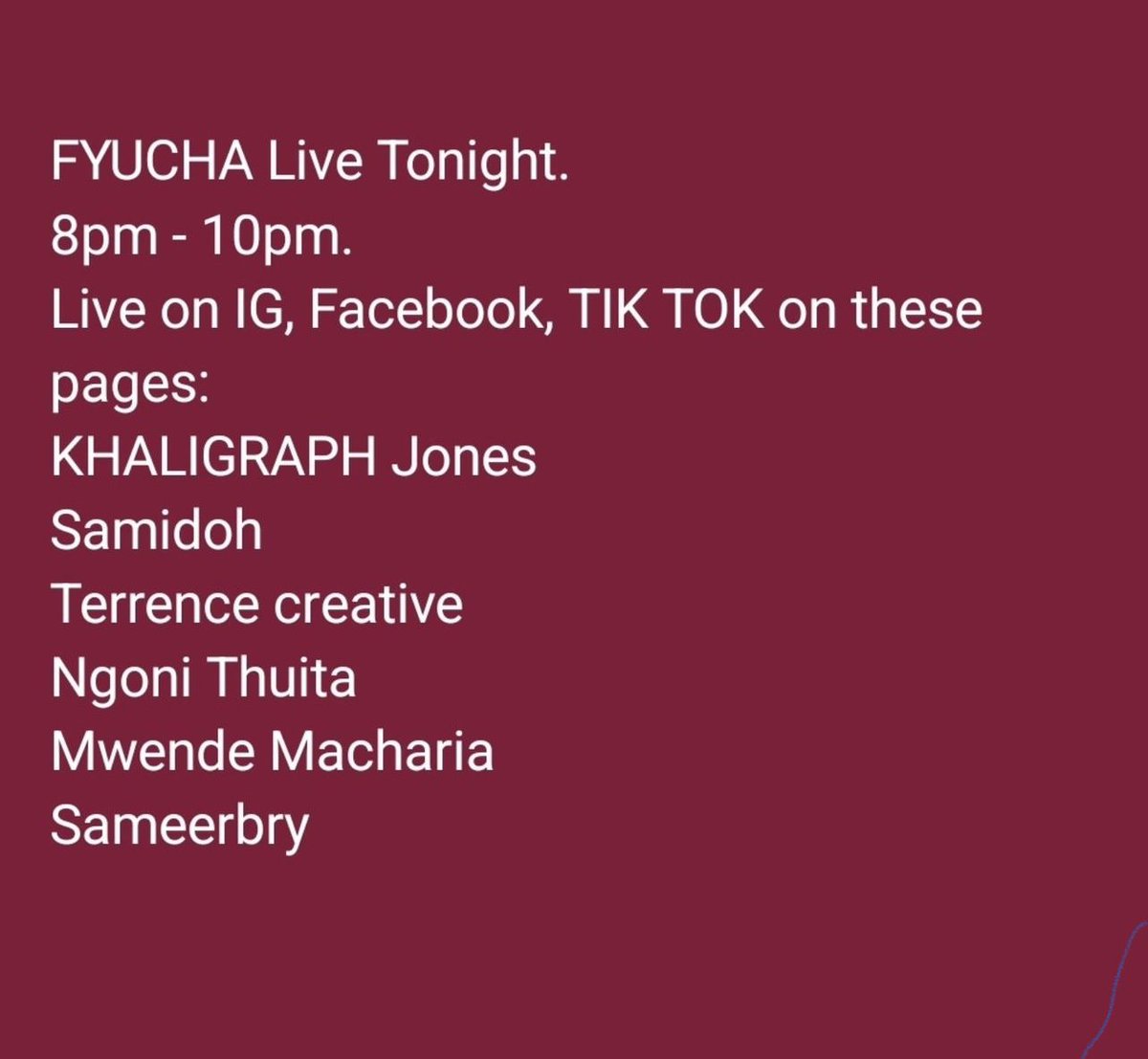 sagwe's tweet image. Big Launch Tonight....Big performance too 💯💯

Join the #FyuchaLIVE revolution! A platform designed for Kenyan creators to earn and thrive. #CreateAndEarn