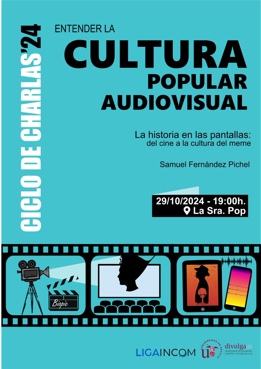 Nuestros compañeros de la LigaINCOM invitan a la charla "LA historia en las pantallas: del cine a la cultura del meme".
El próximo martes 29 de octubre a las 19:00 horas en Sra. Pop.

fcom.us.es/noticiasfcom/a…