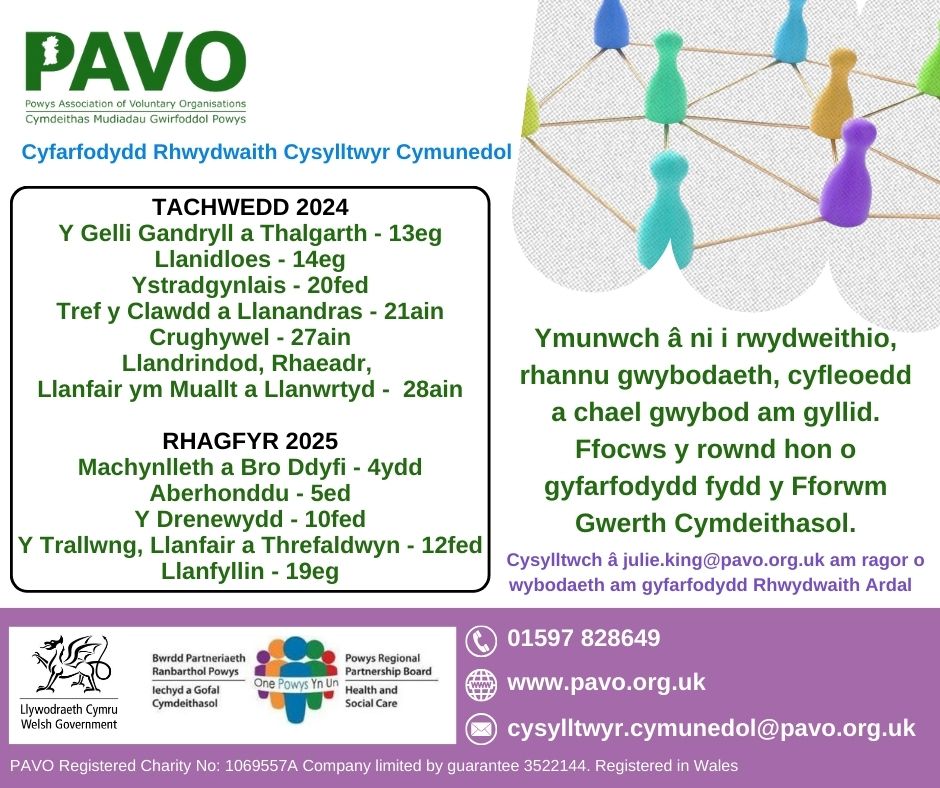 PowysConnectors's tweet image. Dates for the next Locality Network Meetings are below.  The networks link individuals and groups to address local issues. Join us to share information and opportunities, focusing on the Powys Social Value Forum, which funds projects to improve health and care in our communities