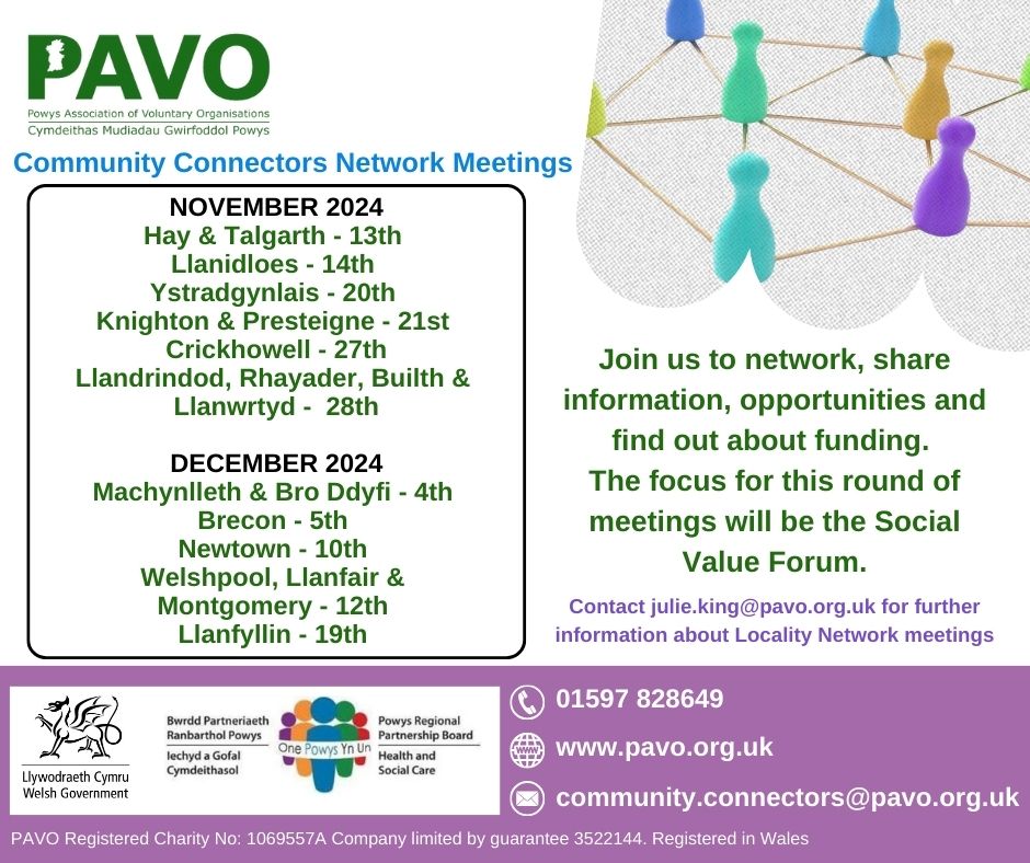 PowysConnectors's tweet image. Dates for the next Locality Network Meetings are below.  The networks link individuals and groups to address local issues. Join us to share information and opportunities, focusing on the Powys Social Value Forum, which funds projects to improve health and care in our communities