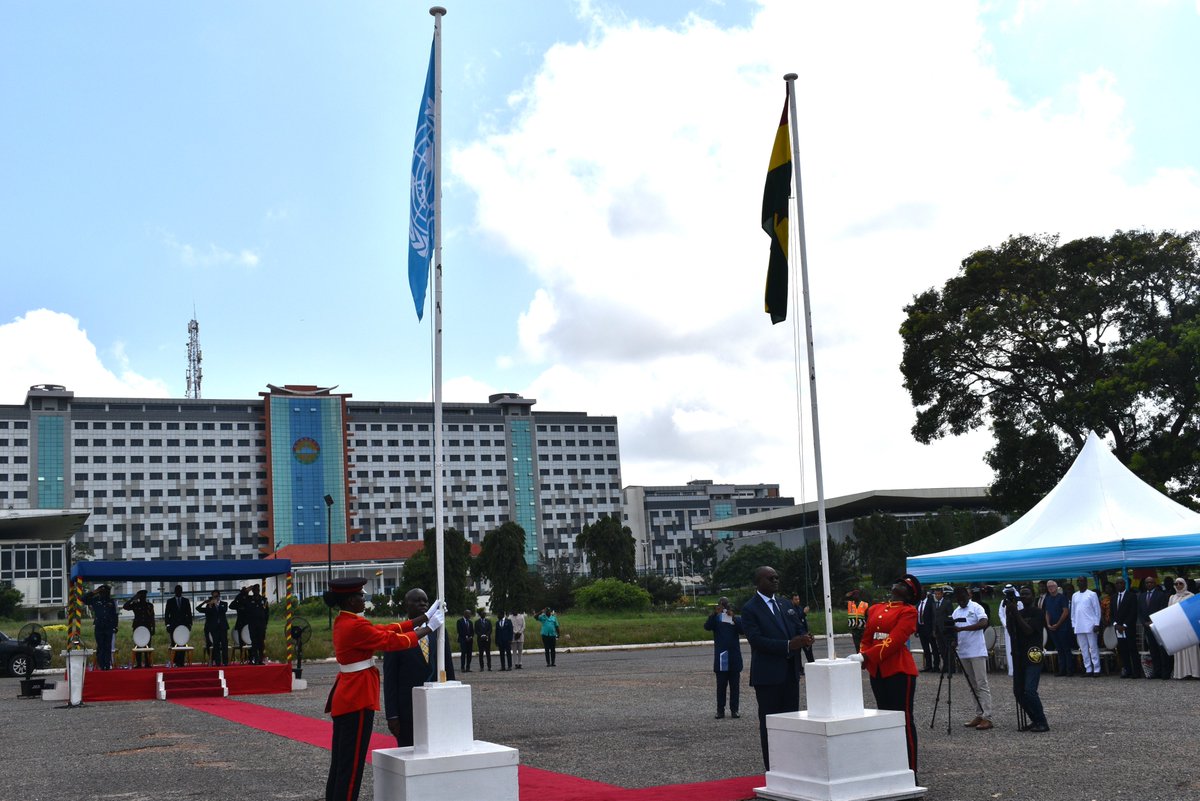 UNinGhana's tweet photo. With the hoisting of the UN🇺🇳and Ghana 🇬🇭flags today, marking the official celebration of the UN's 79th anniversary, 🇬🇭and🇺🇳reaffirm their commitment to the core values of the UN, emphasizing the importance of leaving no one behind in a world of peace, development and prosperity. https://t.co/v4W7gbMH6i