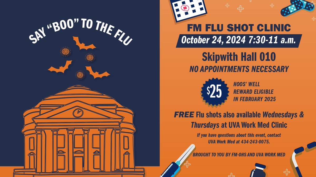 Hi <a href="/UVAFM/">UVA Facilities Management</a> - The Flu Shot Clinic is happening NOW  until 11:00 AM in 010 Skipwith.  If you can't make it today, UVA WorkMed can get you vaxxed on Wednesdays &amp; Thursdays: buff.ly/3Yx1Ywh
