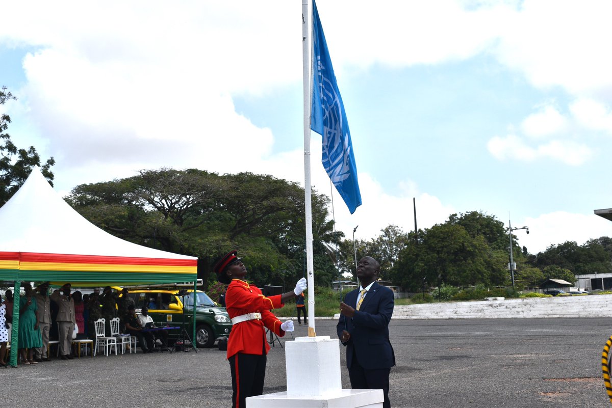 UNinGhana's tweet photo. With the hoisting of the UN🇺🇳and Ghana 🇬🇭flags today, marking the official celebration of the UN's 79th anniversary, 🇬🇭and🇺🇳reaffirm their commitment to the core values of the UN, emphasizing the importance of leaving no one behind in a world of peace, development and prosperity. https://t.co/v4W7gbMH6i