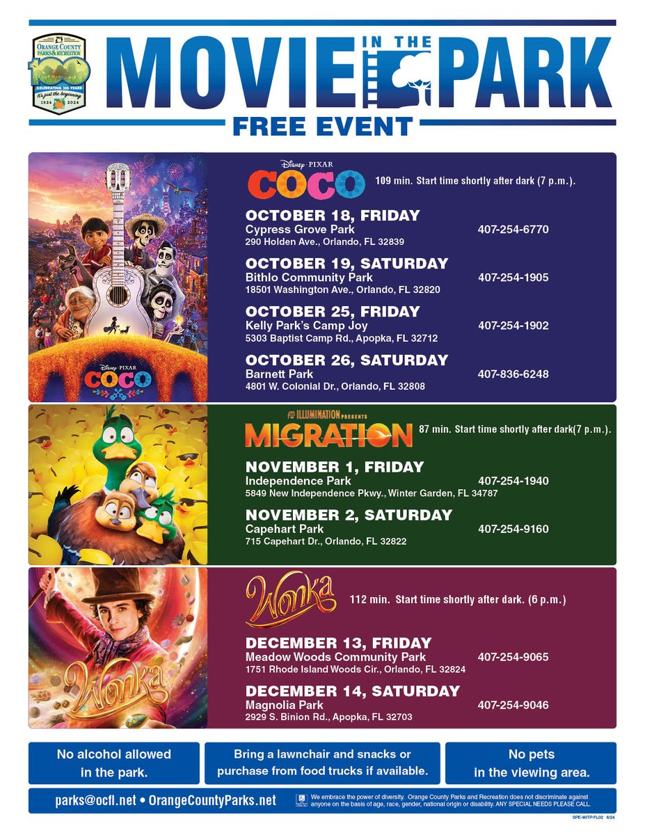 OrangeCoParksFL's tweet photo. SPOOKY OCTOBER FUN! @OrangeCoParksFL free Movie in the Park: Coco at 7pm! 

#KellyPark #CampJoy: Fri. 10/25
#BarnettPark: Sat. 10/26

👉 Details: https://t.co/oxfsBgTQsk  

@OCFLMayor @OCFLDistrict2 @mymikescott @oclslibrary https://t.co/dXQNuBxPom
