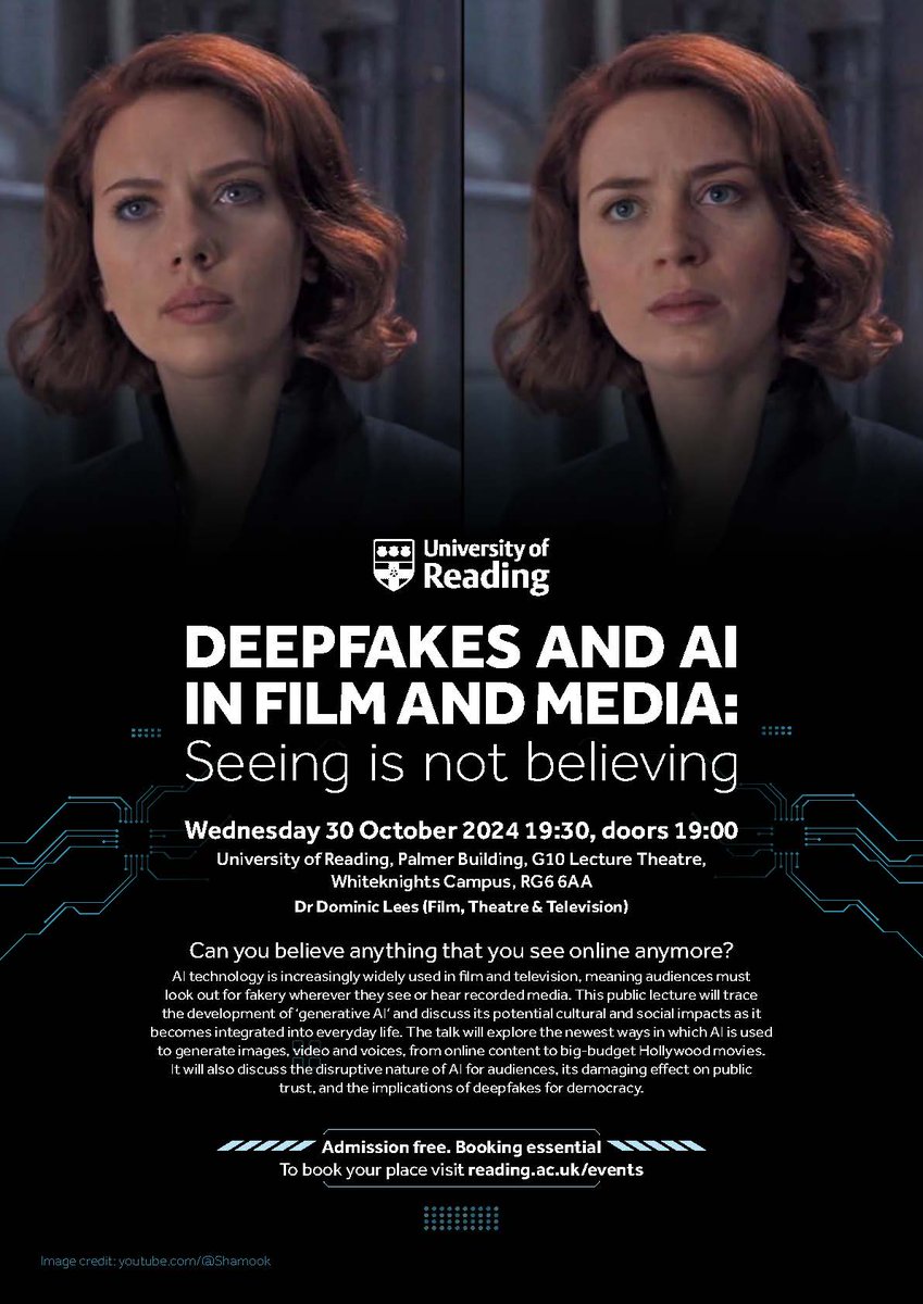 This #MediaLiteracy Week, the spotlight is on generative AI - and it's potential to distort and disinform. 

In this month's public lecture, @DominicLees asks can you still trust what you see? 

30 Oct, 19:30-20:45. Sign up for the livestream now: rdg.ac/3Y5J9jH