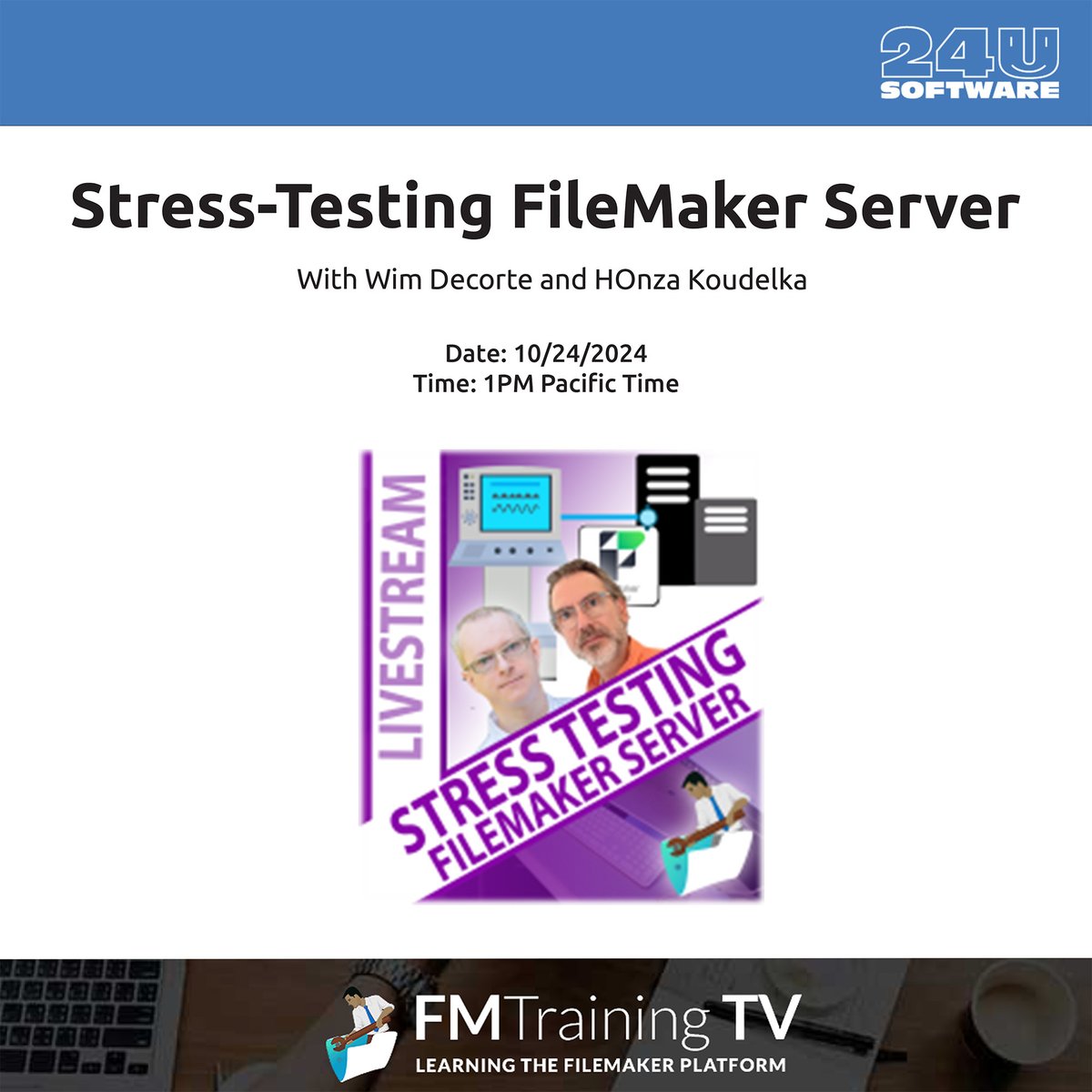 24u's tweet image. Don&apos;t forget the livestream of HOnza Koudelka and Wim Decorte TODAY 😉

10/24/2024
1PM Pacific Time

Stress-testing FileMaker Server...
Register at fmtraining.tv

#software, #livestream, #fmtraining, #database, #FileMaker, #optimization, #FMserver @honza24u