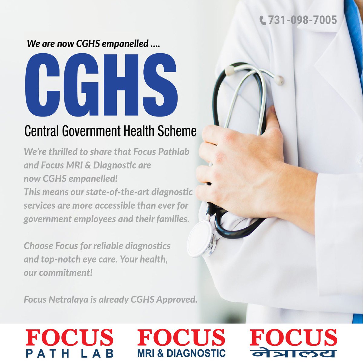 FocusPathlab's tweet photo. Big News! 🏥✨

We’re thrilled to share that Focus Pathlab and Focus MRI & Diagnostic are now CGHS empaneled! 🎉 This means our state-of-the-art diagnostic services are more accessible than ever for government employees and their families. ✅

Focus Netralaya has already been serving you as a trusted CGHS empaneled eye care center, and now, with the addition of our pathology and diagnostic services, we continue to bring you comprehensive, quality healthcare under one roof. 🔍👁️

Choose Focus for reliable diagnostics and top-notch eye care. Your health, our commitment! 🏥❤️

#cghs #bareilly #diagnostic #pathology #eye #insurance #badaun #pilibhit #shahjahanpur