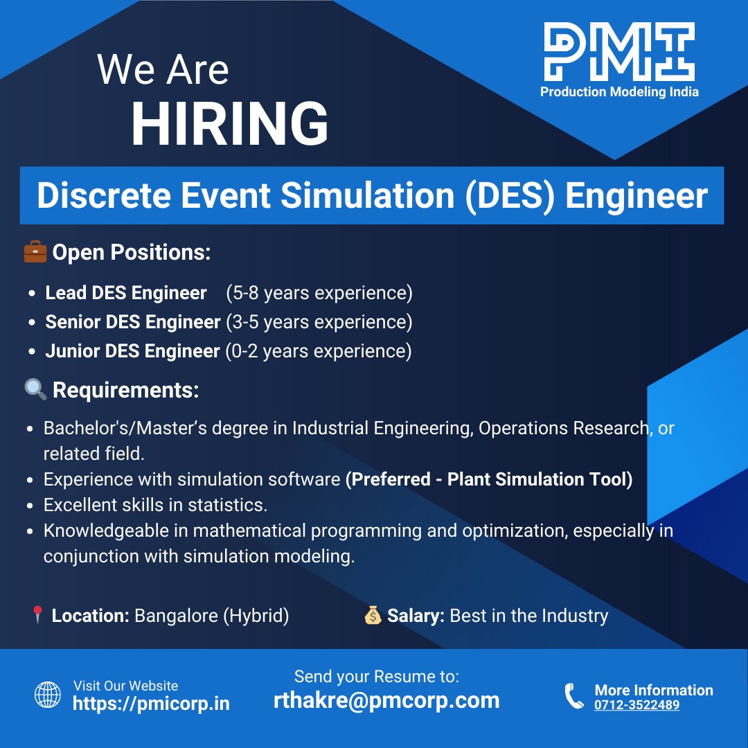 PMIPvtLtd's tweet image. Join our team & work on cutting-edge #simulation technologies! We're looking for #DiscreteEventSimulation (#DES) Engineers who excel in #simulationsoftware like #PlantSimilation.
#Hiring #SimulationEngineer #siemens #plantsim #industrialengineering #IndustrialEngineers #Jobs