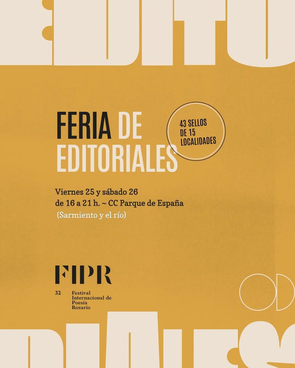 📔✨ Feria de Editoriales del <a href="/FIPRosario/">Festival Internacional de Poesía de Rosario</a>

👉  viernes 25 y sábado 26
 
📌 Patio de los Cipreses del <a href="/CCPE/">CC Parque de España</a> de 16 a 21 h

📚 Participan 43 sellos especializados en poesía, provenientes de 15 localidades.

#feria #editoriales #poesía #festivaldepoesiarosario #fipr

<a href="/CulturaRosario/">CulturaRosario</a>