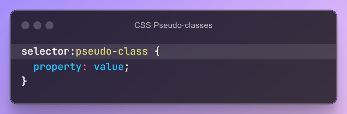iRahul_Devadiga's tweet image. Day 34 #CSSPseudoClass : (1/8)
I learned about CSS Pseudo-classes today. They define a special state for an element, like when it’s hovered, focused, or clicked.
#CSS #WebDevelopment #fullstack #PublicLearning