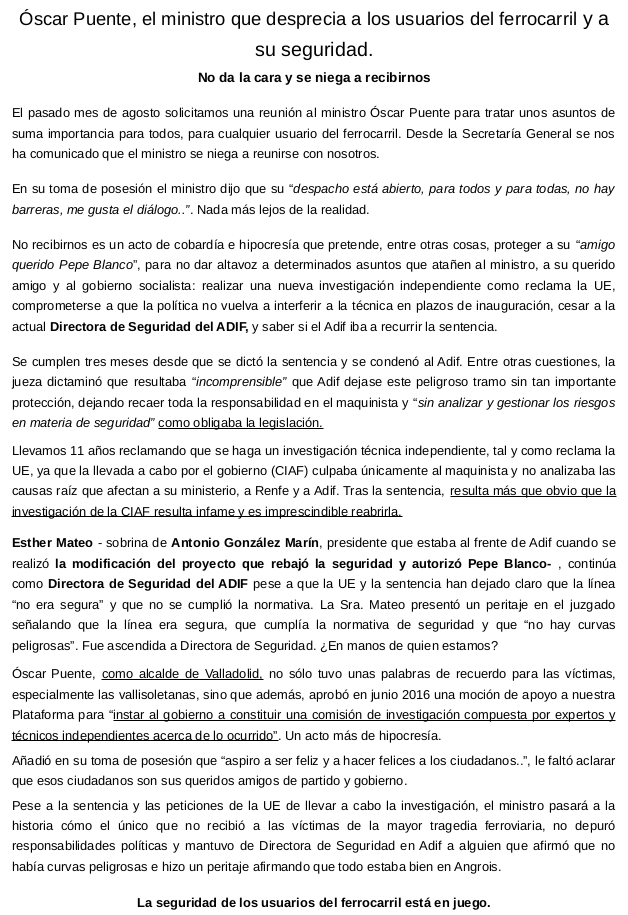🛑  <a href="/oscar_puente_/">Óscar Puente</a>  el ministro que desprecia a los usuarios del ferrocarril y a su seguridad. 👇

No da la cara y se niega a recibirnos.