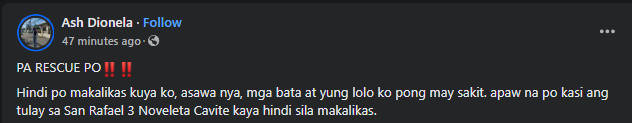 coletnation's tweet photo. 🚨NEED RESCUE🚨

PA RESCUE PO‼️‼️
Hindi po makalikas kuya ko, asawa nya, mga bata at yung lolo ko pong may sakit. apaw na po kasi ang tulay sa San Rafael 3 Noveleta Cavite kaya hindi sila makalikas.

🔗https://t.co/UnqbHLMojm

#KristinePH #RescuePH https://t.co/iQ2JySrcUN