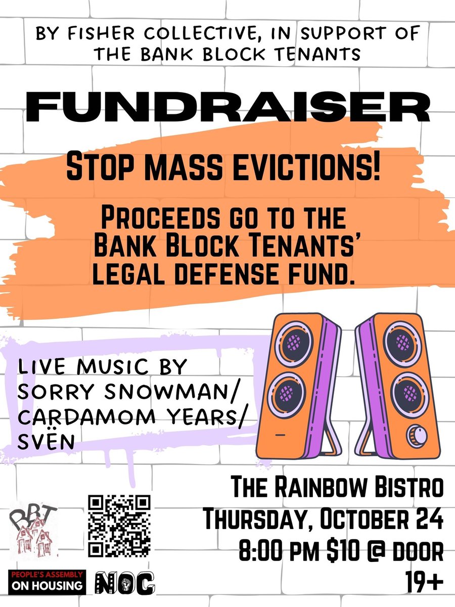 Concert fundraiser tonight, Thursday Oct 24 8pm at the Rainbow, for Bank Block Tenants. 
<a href="/bbtenants/">Bank Block Tenants</a> is a tenant group fighting mass eviction on Bank St, between Nepean &amp; Lisgar by their landlord Smart Living Properties. The concert is to raise funds for LTB hearings legal fees.