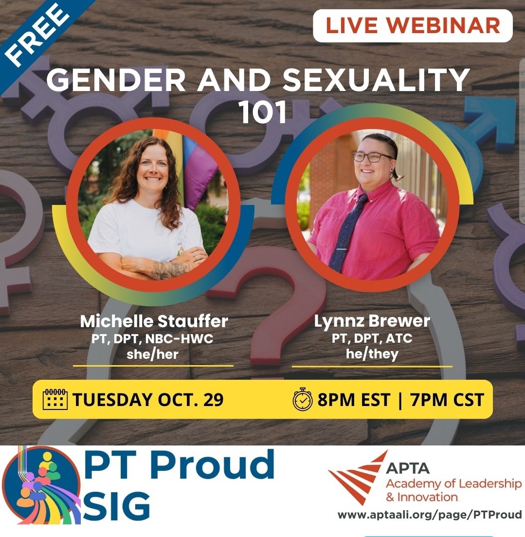 Tuesday! Join this FREE webinar to learn more about foundational gender and sexuality terms! Dr. Michelle Stauffer (she/her) and Dr. Lynnz Brewer (he/they) will provide a greater understanding from a psychosocial, whole person, perspective on treating patients.