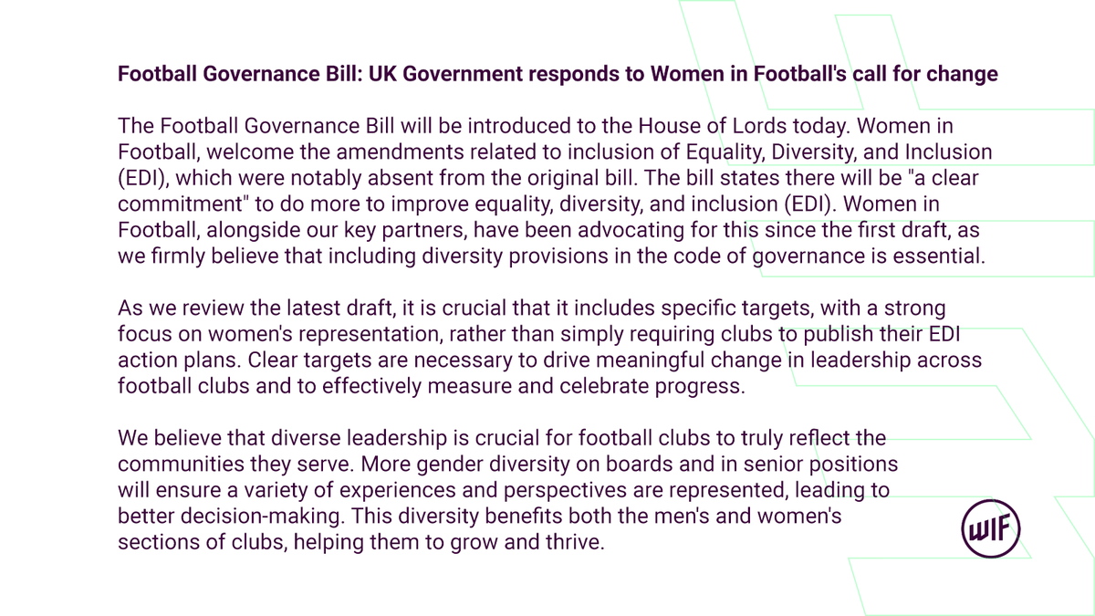 Women in Football (@womeninfootball) on Twitter photo #WomeninFootball, welcome the amendments related to inclusion of Equality, Diversity, and Inclusion (EDI), which were notably absent from the original Football Governance Bill.
Thanks UK Government (<a href="/DCMS/">Department for Culture, Media and Sport</a>) for listening to us โ we look forward to continuing to work with you. #WomeninFootball, welcome the amendments related to inclusion of Equality, Diversity, and Inclusion (EDI), which were notably absent from the original Football Governance Bill.
Thanks UK Government (<a href="/DCMS/">Department for Culture, Media and Sport</a>) for listening to us โ we look forward to continuing to work with you.
