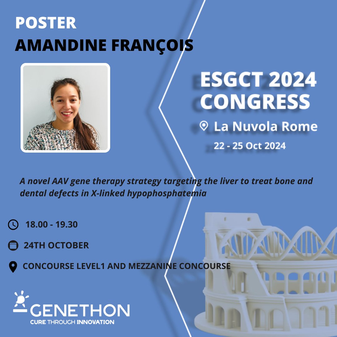 📢 [#ESGCT2024]
📄Today from 06:00 pm - 07:30 pm CEST time - Come and meet Amandine François from <a href="/GenethonFr/">GENETHON France</a>, with her poster: A novel AAV gene therapy strategy targeting the liver to treat bone and dental defects in X-linked hypophosphatemia,[Board No.1010]