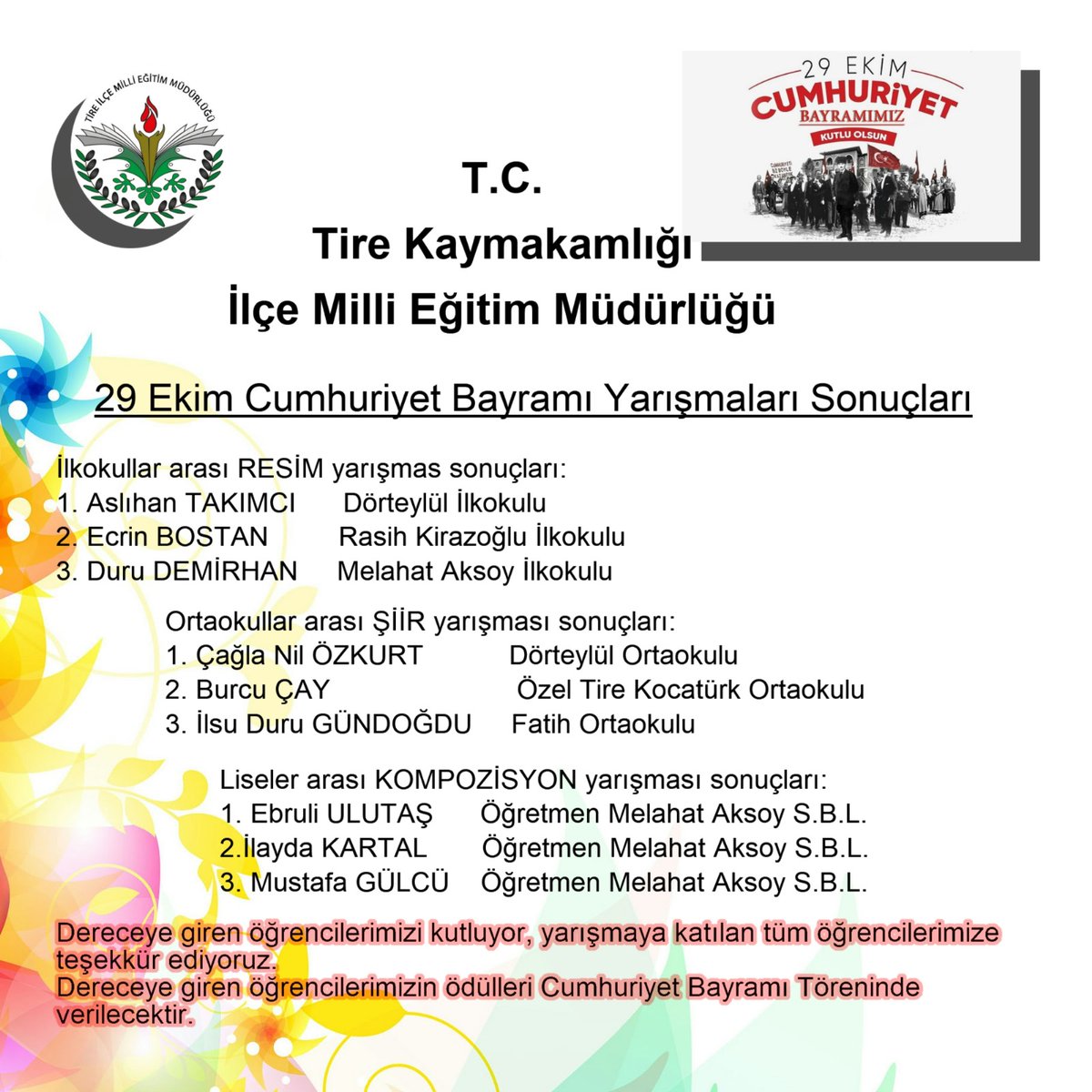 İlçe Milli Eğitim Müdürlüğümüzce yapılan, 29 Ekim Cumhuriyet Bayramı resim şiir kompozisyon yarışmaları sonuçları açıklandı.
<a href="/izmir_ilmem/">İzmir İl Milli Eğitim Müdürlüğü</a> <a href="/cafer_tosun61/">Cafer Tosun</a> <a href="/Duygu__uzun/">Duygu Çevirgen Uzun</a> @SemaCifci