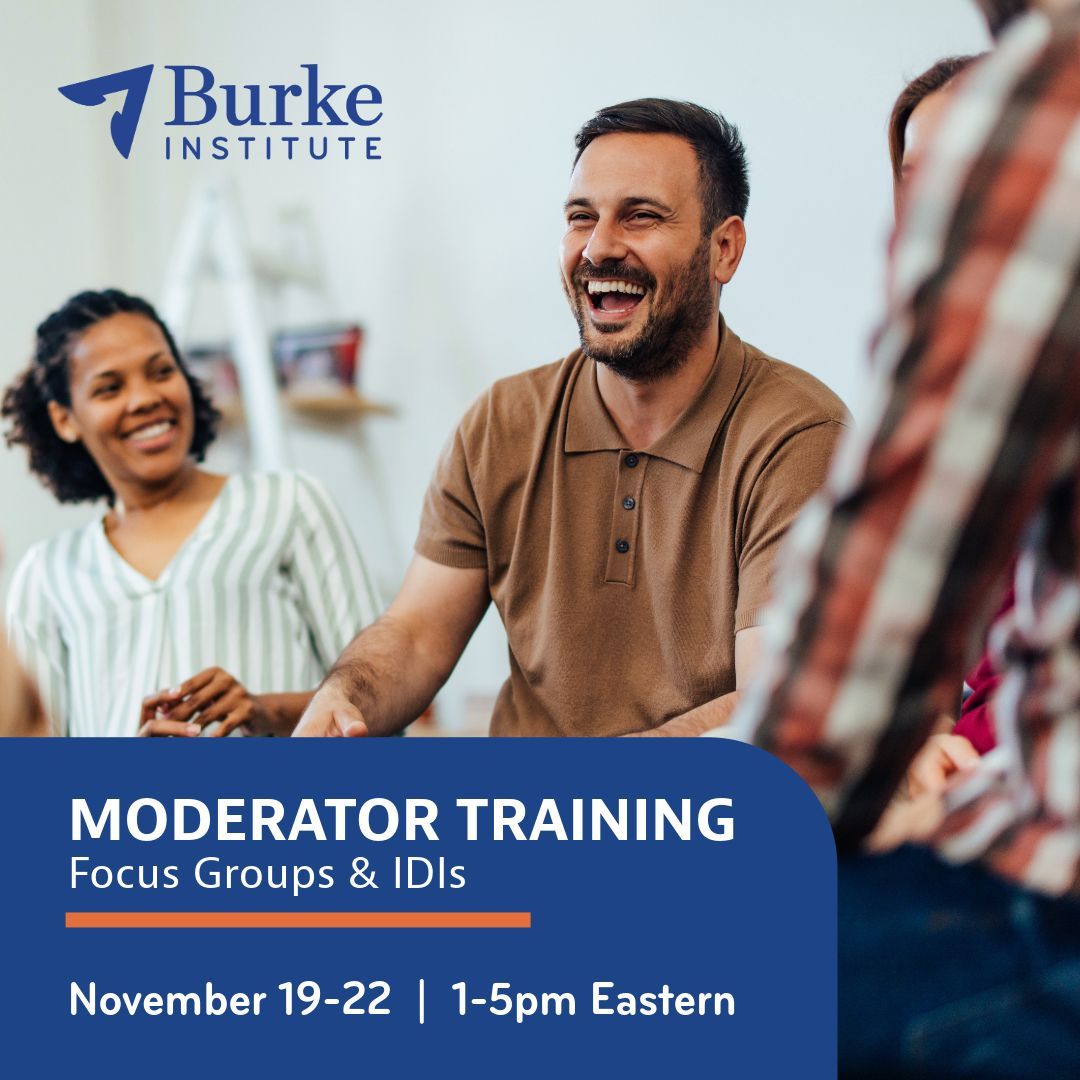 Are you looking to accelerate your potential in #QualitativeResearch? Join us next month for a #virtual session of our Moderator Training seminar! 

Enroll today to secure your spot in this popular, interactive course: buff.ly/2Z29oYB 

#BurkeInstitute #MRX #Insights