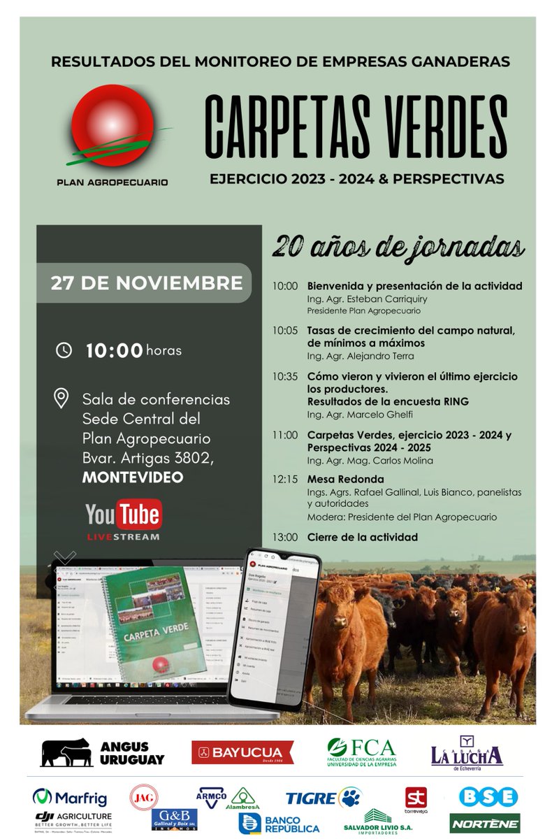 PlanAgro's tweet photo. 📢¡Para ir agendando!
🗓️27/11⏰10hs📍Mdeo 🛜YouTube
Resultados del Monitoreo de Empresas Ganaderas "Carpetas Verdes", ejercicio 2023/2024 y perspectivas
✨¡20 años de jornadas!✨
¡Te esperamos!
#CampoNatural #SegF #Productores #RING #CarpetaVerde #MesaRedonda #PlanAgro https://t.co/Zw9XXB8N0w