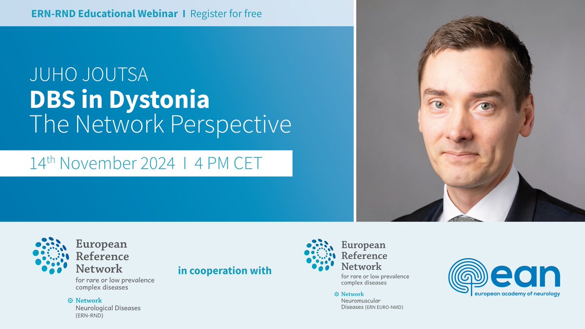 @ERN_RND 🧠 (@ern_rnd) on Twitter photo 💻 Upcoming #webinar on "DBS in #Dystonia - The Network Perspective"
📅 14th November, 4-5 PM CET
🗣️Juho Joutsa, Turku University Hospital, Finland.
Sign up 👉 t1p.de/mhu4h
Joint webinar with <a href="/euro_nmd/">ern euro_nmd</a> and <a href="/EANeurology/">European Academy of Neurology</a> 💻 Upcoming #webinar on "DBS in #Dystonia - The Network Perspective"
📅 14th November, 4-5 PM CET
🗣️Juho Joutsa, Turku University Hospital, Finland.
Sign up 👉 t1p.de/mhu4h
Joint webinar with <a href="/euro_nmd/">ern euro_nmd</a> and <a href="/EANeurology/">European Academy of Neurology</a>