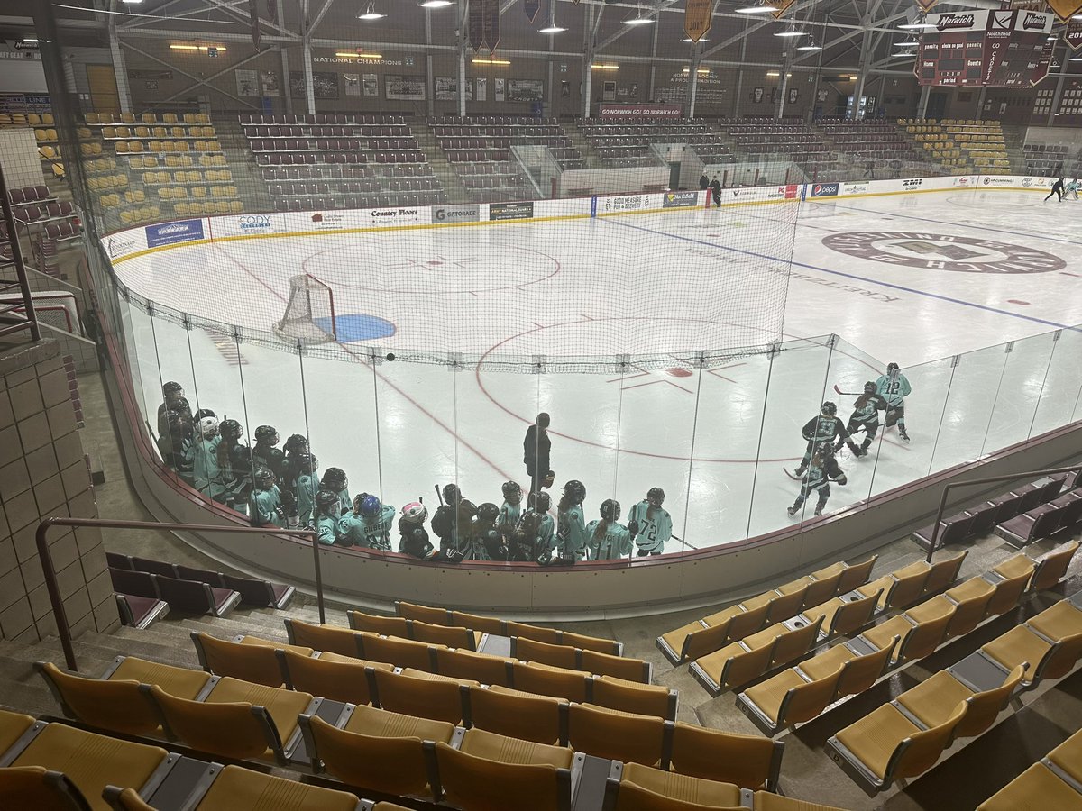 Central Vermont Blackbear Tier 2 girls hockey on the ice. Once a week the Norwich University women’s coaching staff and players run their practice. 1/3 of the black bears program is made up of girls.