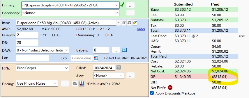 My daily post about #pbm corruption. 

This patient's insurance, Express Scripts is paying over $800 below the cost of their anti-psychotic injection. No pharmacy can afford to order this medication based on the reimbursement. This patient will likely have to use Express Scripts