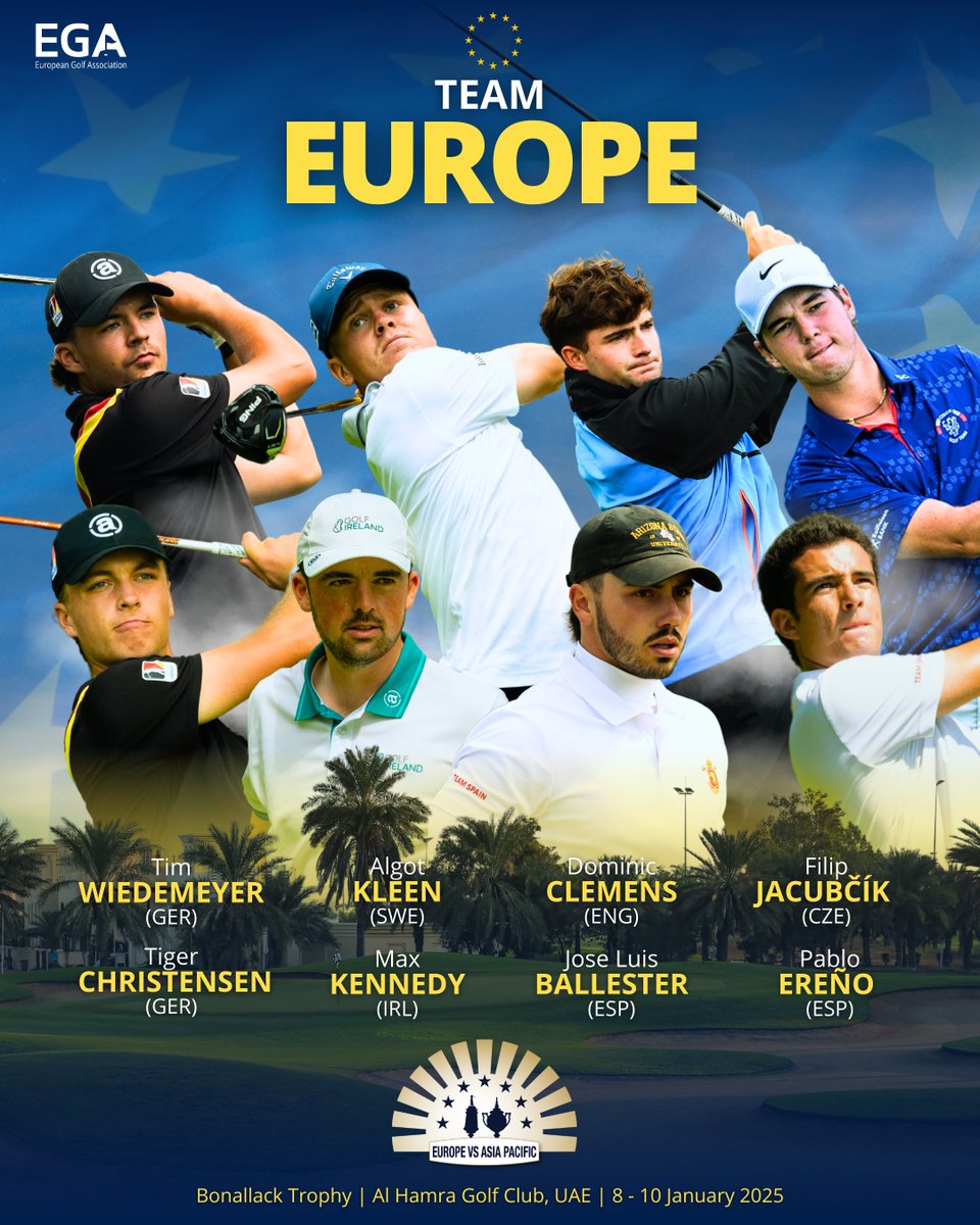 The first eight players of the 2025 European Bonallack Trophy team have been confirmed!

The strong side, to be joined by four further selections in the coming weeks, will take on Asia-Pacific at Al Hamra Golf Club from 8 to 10 January.