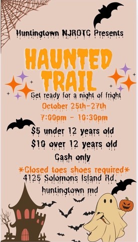 HtownNJROTC's tweet photo. Come out, if you're not afraid, to Huntingtown High School for our Haunted Trail. This Friday, Saturday and Sunday from 7:00pm-10:30pm, (dress warm &amp; wear closed toe shoes) 
Cost is:
12 &amp; under $5
13 and up   $10
(We have options for scary and a non-scary trail experiences) https://t.co/uc66MJW9tV