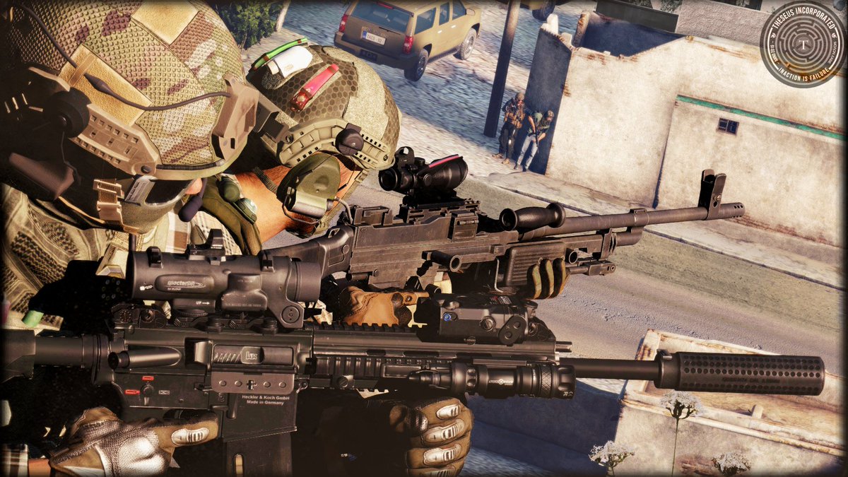 TheseusInc's tweet image. Throwback to some past contracts: providing first aid while securing the area, LMG team covering from above, moment after a tense forest firefight and awaiting extraction. These snapshots capture teamwork and readiness in action.
#Arma3  #ArmaPhotography @ArmaPlatform