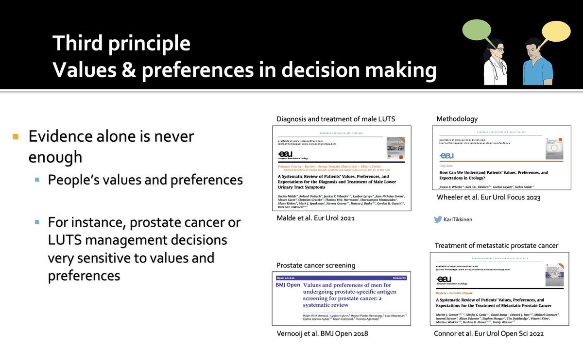 KariTikkinen's tweet image. Trustworthy evidence is the cornerstone of #EBM, but evidence alone isn't enough. We must always consider people's #values and preferences. We're making progress on integrating values and #preferences in #urology, too.