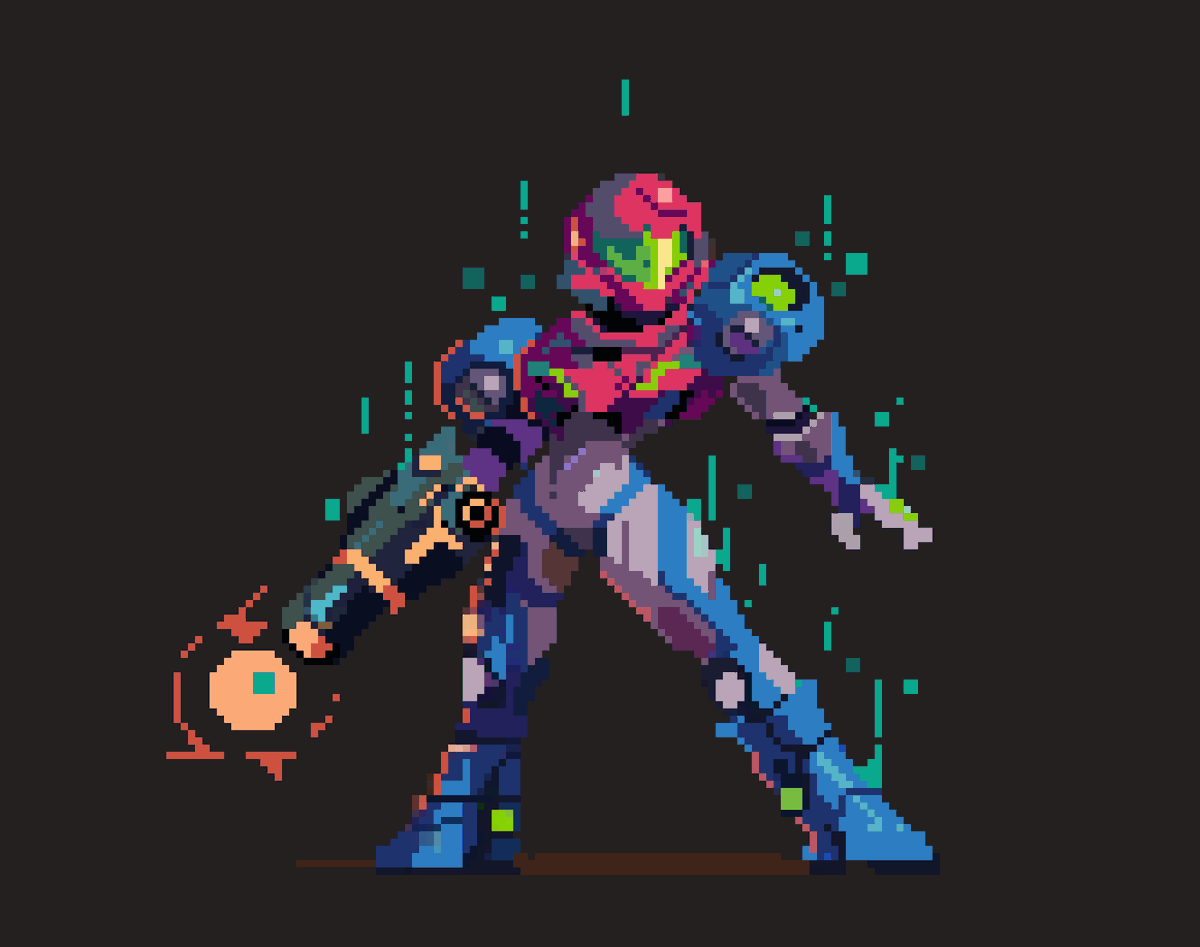 juna_ros's tweet photo. Hi, so this time I want to do a remake of a previous Samus Aran to give it a more dynamic pose, hope you like it! Previous version on the replies 
#pixelart https://t.co/zKYsKNgN5e