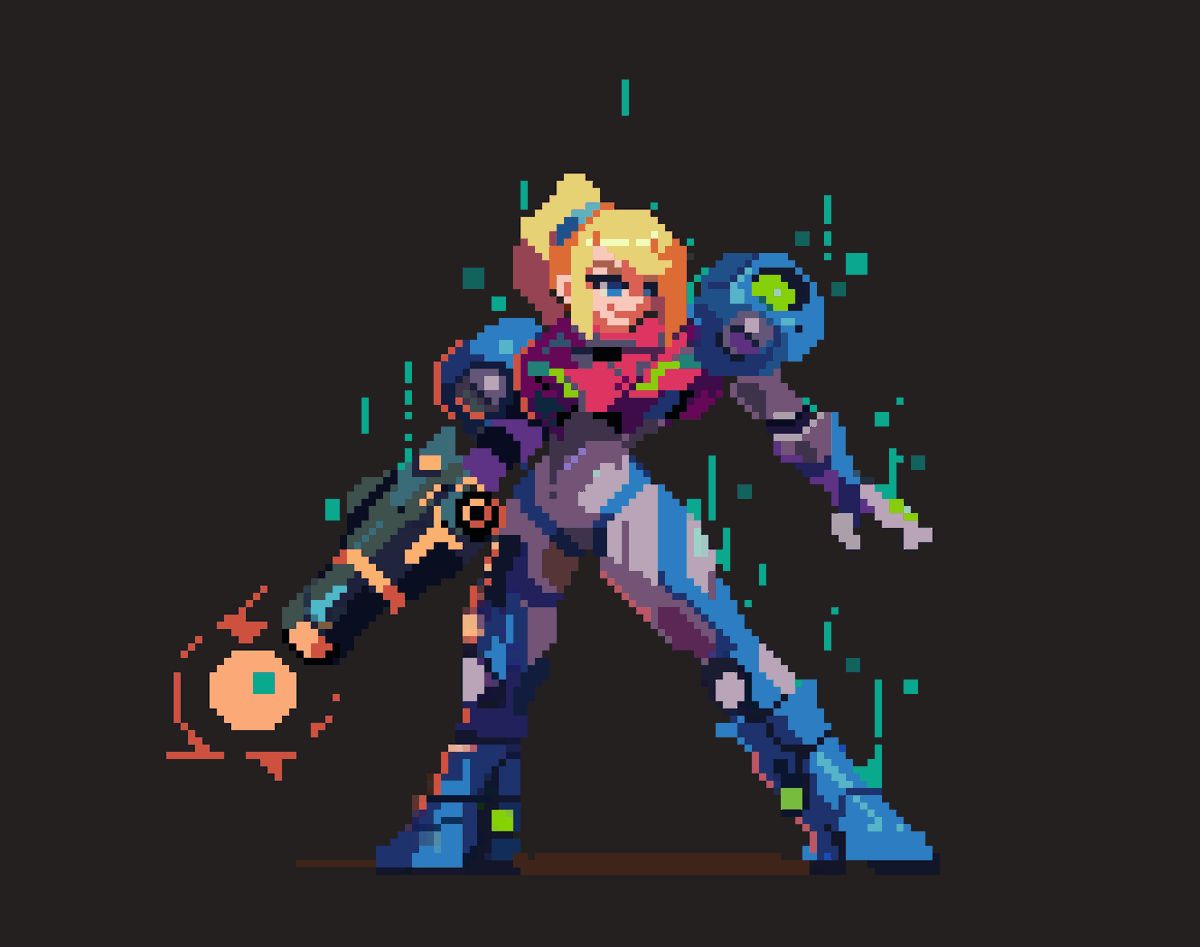 juna_ros's tweet photo. Hi, so this time I want to do a remake of a previous Samus Aran to give it a more dynamic pose, hope you like it! Previous version on the replies 
#pixelart https://t.co/zKYsKNgN5e