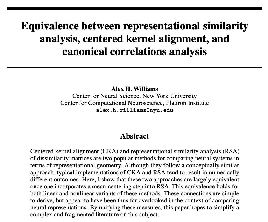 Very happy to share a new paper that will appear in UniReps proceedings (unireps.org/2024).

I show how two popular neural network comparison methods - CKA and RSA - can sometimes be equivalent, i.e. produce the exact same value.

links below 👇