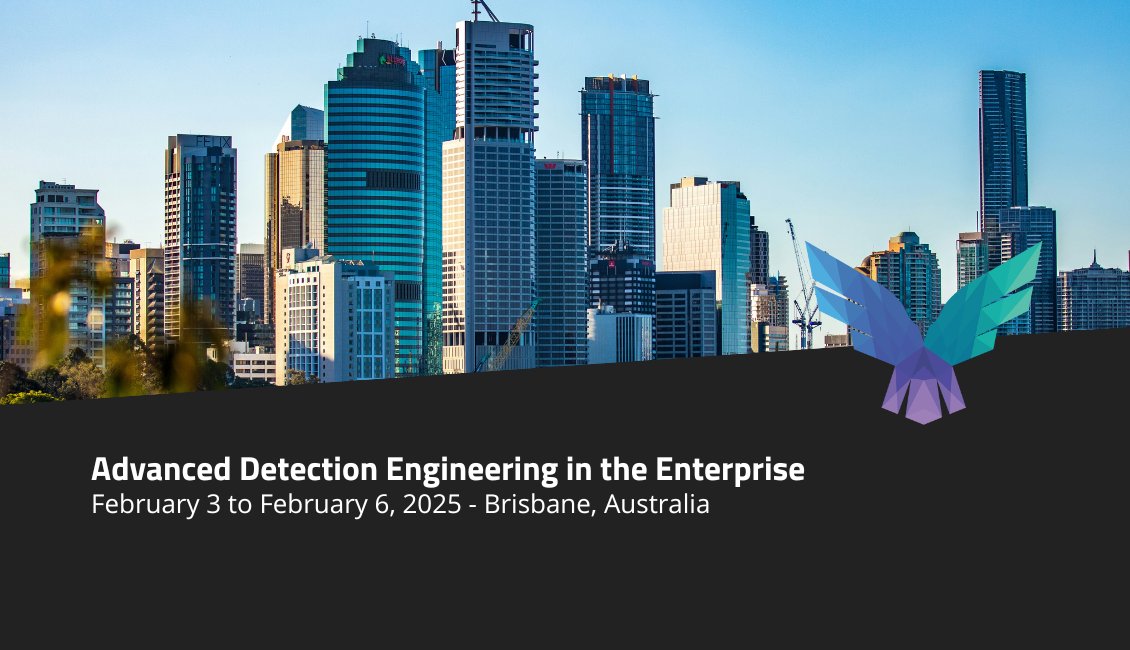 FalconForce Official (@falconforceteam) on Twitter photo We are happy to announce our collaboration with <a href="/Division5io/">Division 5</a> in hosting our Advanced Detection Engineering in the Enterprise training in Brisbane, Australia in Feb 2025. Learn more from <a href="/olafhartong/">Olaf Hartong</a> and <a href="/0xffhh/">JMP RSP</a> on detection engineering. Register via: division5.io/ADEitE2025.html We are happy to announce our collaboration with <a href="/Division5io/">Division 5</a> in hosting our Advanced Detection Engineering in the Enterprise training in Brisbane, Australia in Feb 2025. Learn more from <a href="/olafhartong/">Olaf Hartong</a> and <a href="/0xffhh/">JMP RSP</a> on detection engineering. Register via: division5.io/ADEitE2025.html